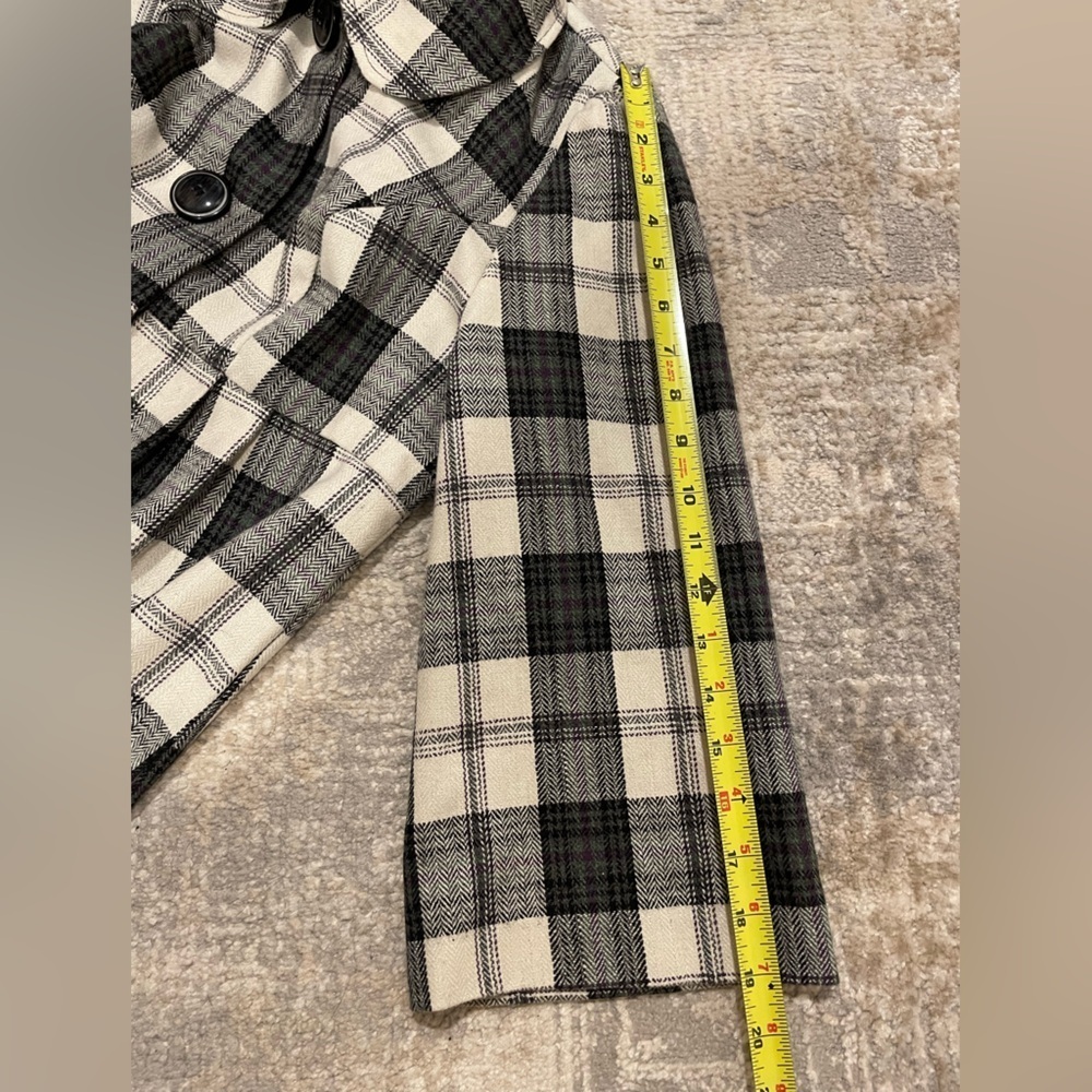Takara Collared Plaid Long Wool Blend Lightweight Pea Coat 3/4 Sleeve Size Large - Picture 12 of 12